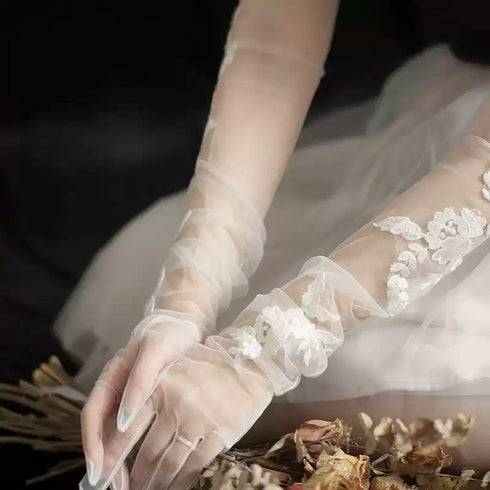 White Bridal Tulle Gloves – Floral Embroidered Long Wedding Gloves